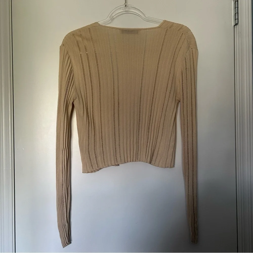 Zara Cream Stretch Loose Knit Tie Front Long Sleeve Cardigan Sweater - Picture 4 of 13